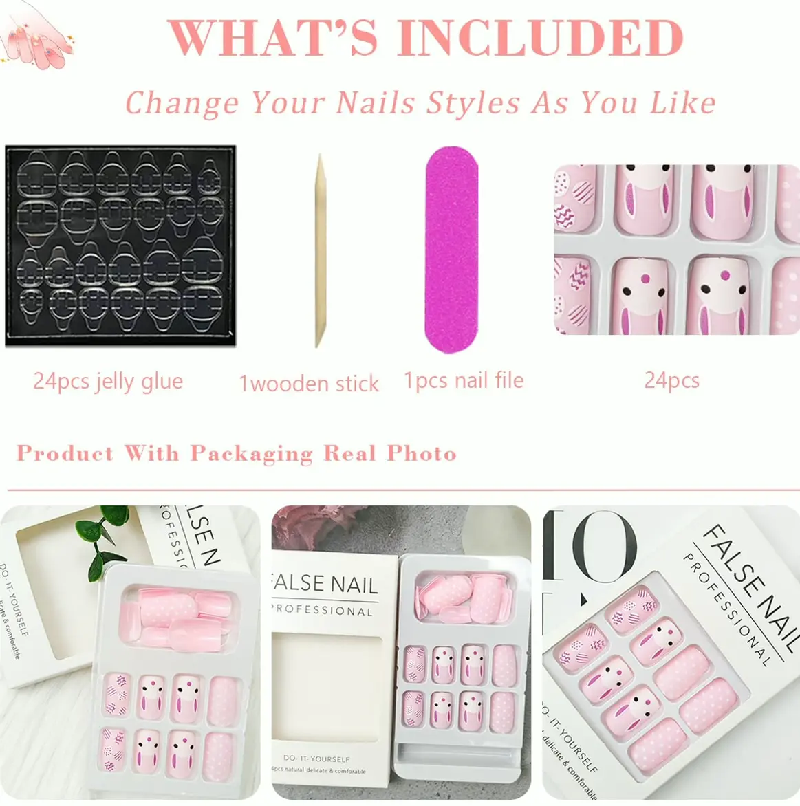 Easter Press-On Nail Sets Rabbit Pattern - 24pcs