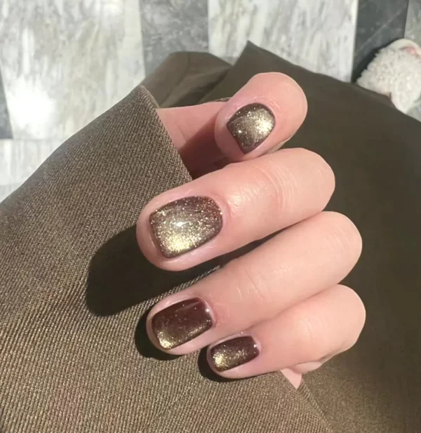 Gold Cat's Eye Stick on Nail Set Short Square
