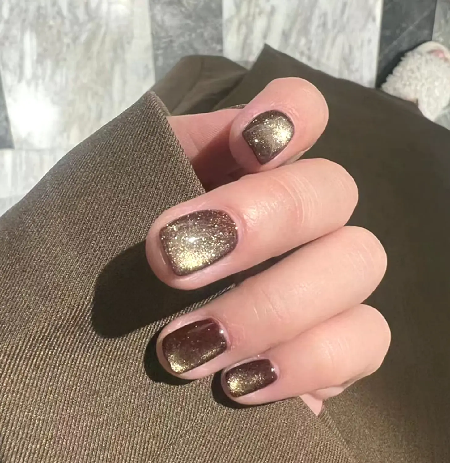 Gold Cat's Eye Stick on Nail Set Short Square