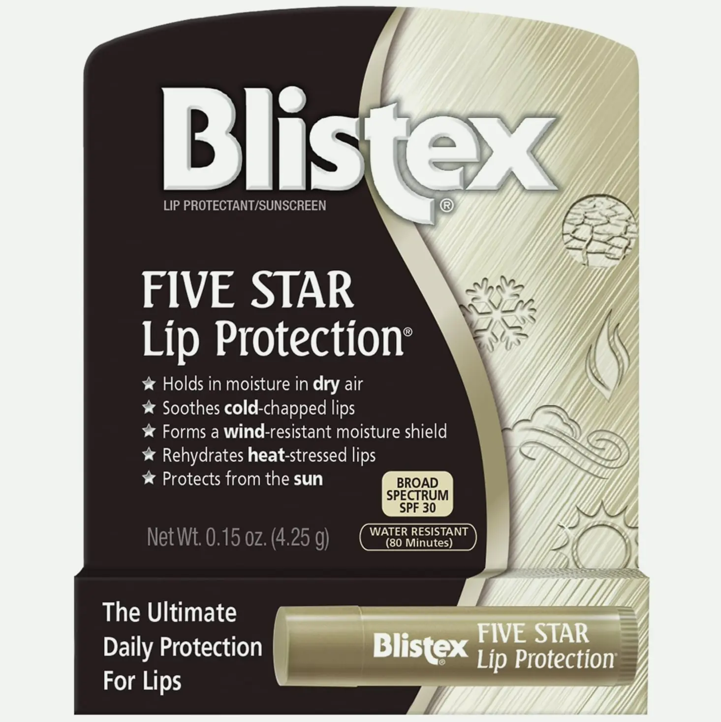 Blistex Five Star Protection Balm, 0.15 Oz - Wind & H2O Resistant, SPF 30 UV Shield