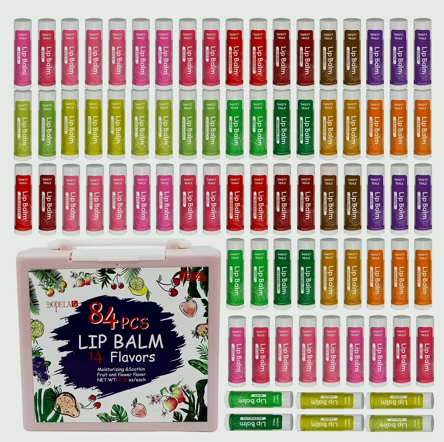 84 Pack Natural Lip Balm with Vitamin E and Coconut Oil - 14 Flavors