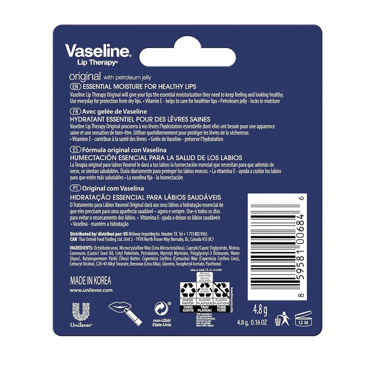 Vaseline Original Lip Therapy, Perfect Suitable for Dry Lips, 0.16 Oz (Set of 4)