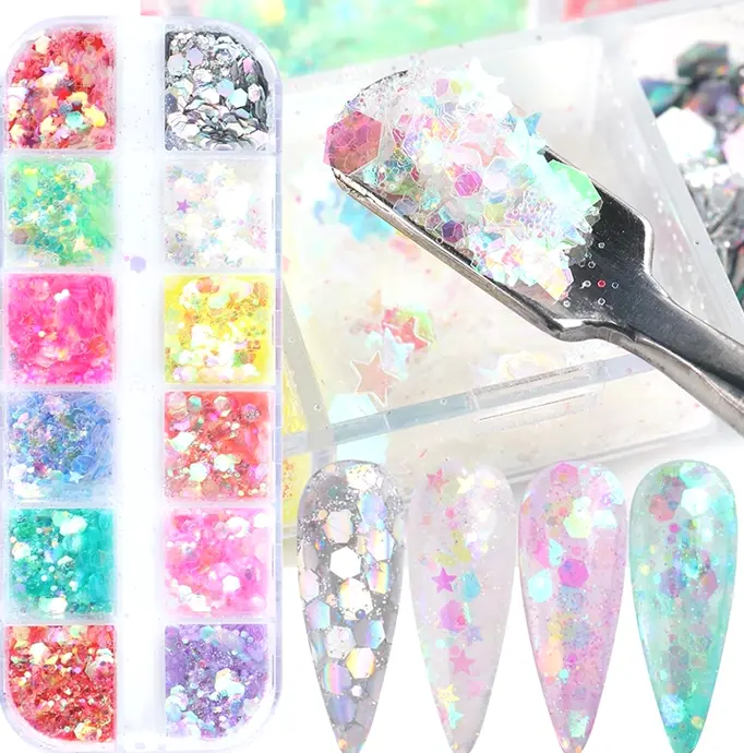 Twelve-Color Iridescent Nail Sequins Flakes Set