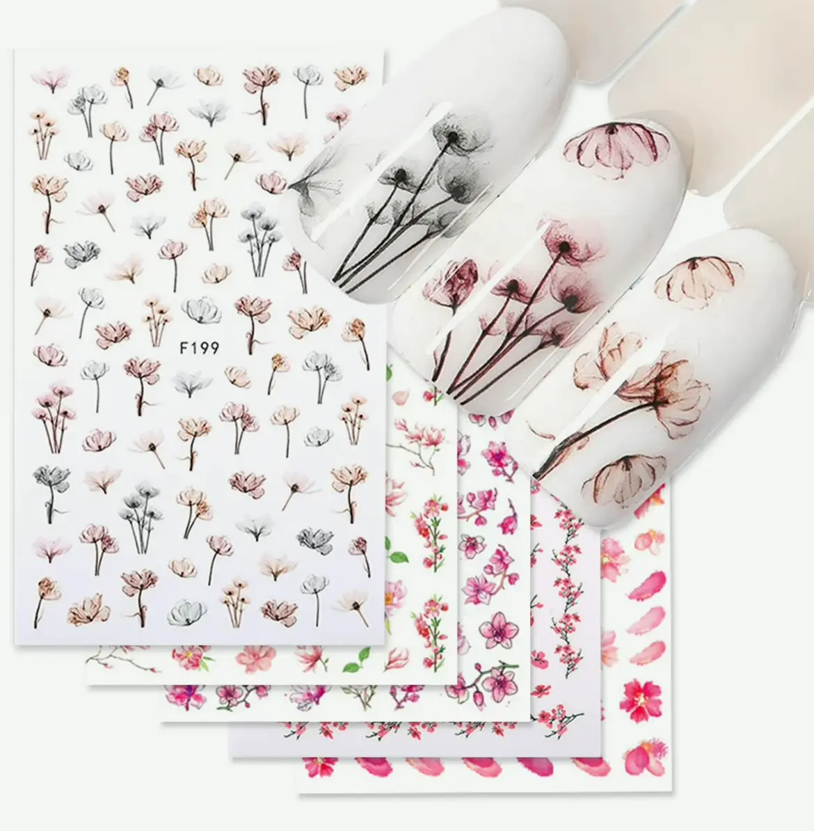 Floral Nail Design Decals Three-Dimensional 8 Sheets